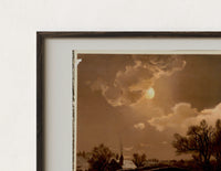 Close-up of the Moonlit winter church landscape print's dark wood frame corner and archival matte paper