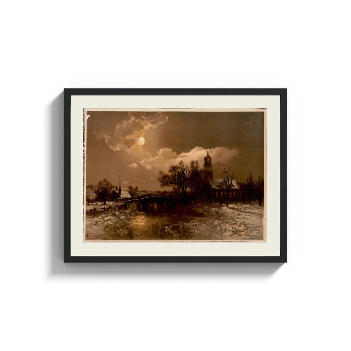 Framed Moonlit winter church landscape print shown as a wide statement piece on a clean white wall