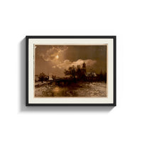 Framed Moonlit winter church landscape print shown as a wide statement piece on a clean white wall