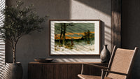 Woman walking through snowy winter landscape print in a wood frame above a fluted sideboard beside an olive tree