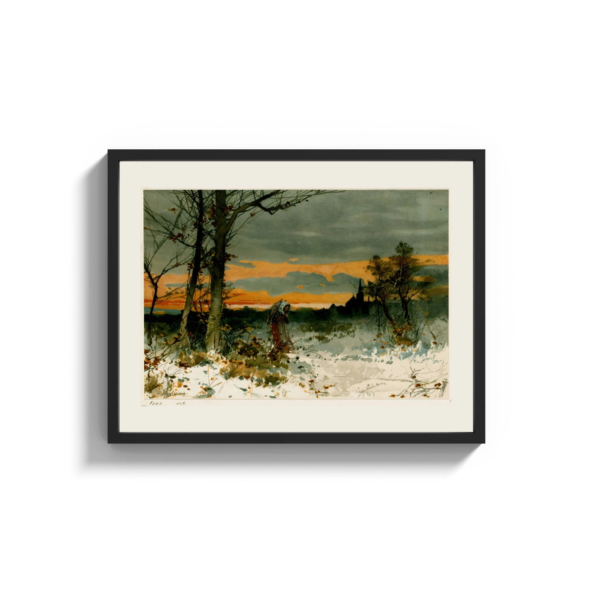 Framed Woman walking through snowy winter landscape print shown as a wide statement piece on a clean white wall