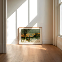 Woman walking through snowy winter landscape print in an oak frame on a sunlit wood floor beneath tall window light