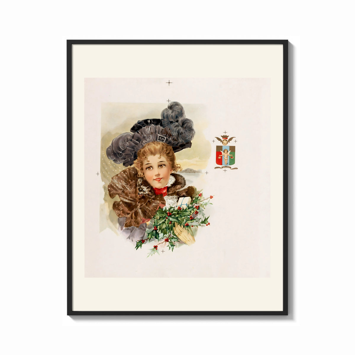 Framed Victorian woman with fur and holly print shown as a bold statement piece on a clean gallery wall