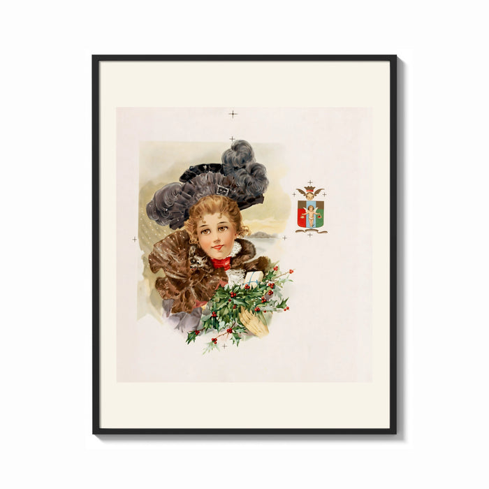 Framed Victorian woman with fur and holly print shown as a bold statement piece on a clean gallery wall