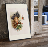 Victorian woman with fur and holly print in a black frame leaning beside a vintage door on parquet