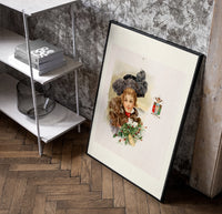 Victorian woman with fur and holly poster in a black frame leaning beside a shelf in a raw-plaster loft