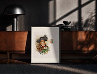 Black-framed Victorian woman with fur and holly print on a moody console with designer coffee-table books