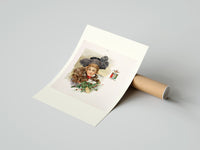 Rolled Victorian woman with fur and holly poster beside its crush-resistant kraft shipping tube
