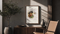 Victorian woman with fur and holly poster framed above a fluted sideboard beside an olive tree