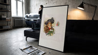 Victorian woman with fur and holly print in a slim black frame leaning on a dark sofa in a concrete print studio