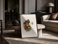 Victorian woman with fur and holly print in a black frame leaning on a travertine table in a sunlit lounge