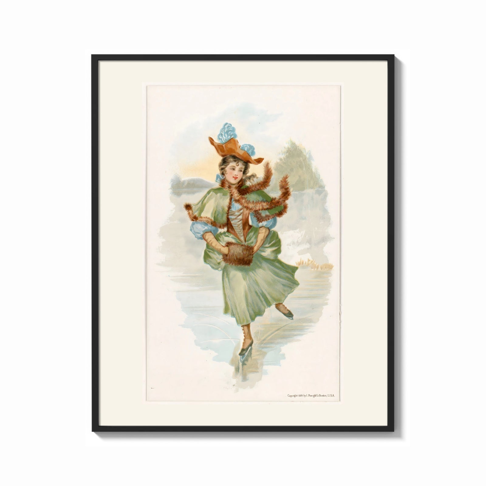 Framed Victorian woman ice skating print shown as a bold statement piece on a clean gallery wall