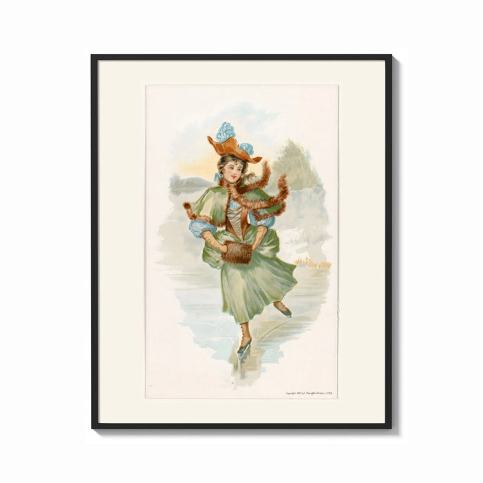 Framed Victorian woman ice skating print shown as a bold statement piece on a clean gallery wall
