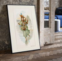 Victorian woman ice skating print in a black frame leaning beside a vintage door on parquet