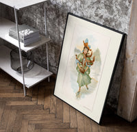 Victorian woman ice skating poster in a black frame leaning beside a shelf in a raw-plaster loft