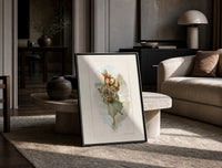 Victorian woman ice skating print in a black frame leaning on a travertine table in a sunlit lounge