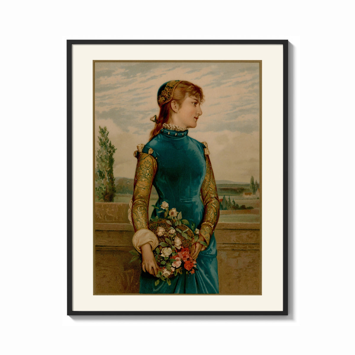 Framed Victorian woman holding flower basket print shown as a bold statement piece on a clean gallery wall