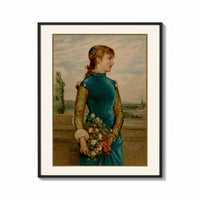 Framed Victorian woman holding flower basket print shown as a bold statement piece on a clean gallery wall