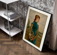 Victorian woman holding flower basket poster in a black frame leaning beside a shelf in a raw-plaster loft