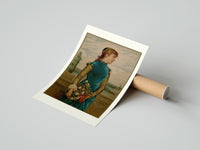 Rolled Victorian woman holding flower basket poster beside its crush-resistant kraft shipping tube