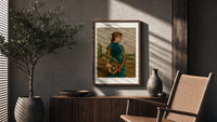 Victorian woman holding flower basket poster framed above a fluted sideboard beside an olive tree