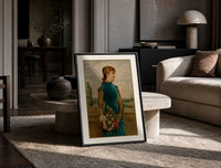Victorian woman holding flower basket print in a black frame leaning on a travertine table in a sunlit lounge