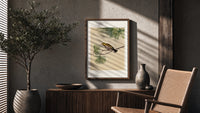 Warbler bird perched on pine branch poster framed above a fluted sideboard beside an olive tree
