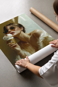 Unrolled luxury poster of a woman in dark sunglasses eating ice cream displayed flat on a table