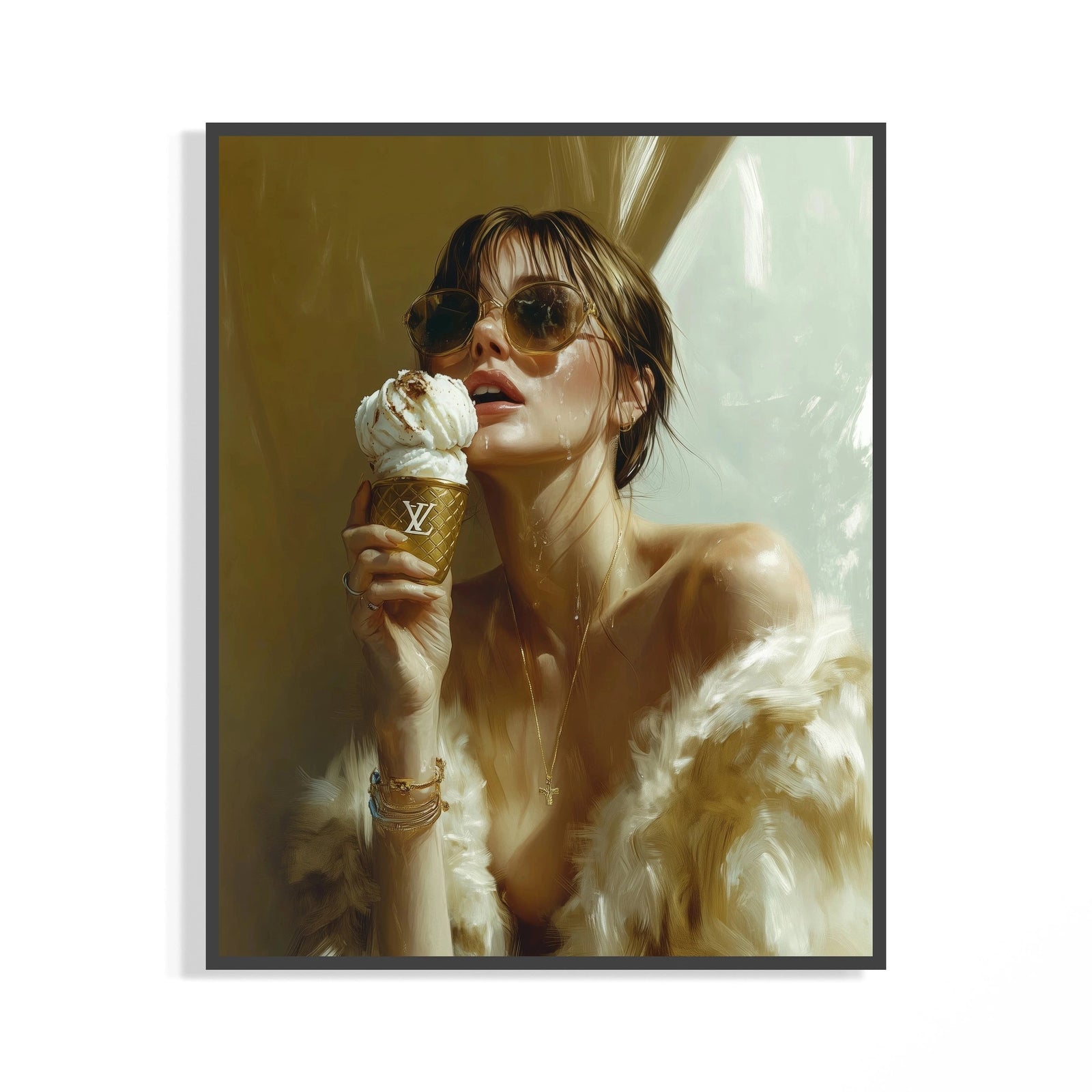 Gold-toned fashion poster of a woman in sunglasses and fur coat eating branded ice cream in glowing light