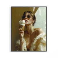 Gold-toned fashion poster of a woman in sunglasses and fur coat eating branded ice cream in glowing light