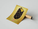 Louis Vuitton patterned popsicle with bite mark on gold glitter background as rolled print