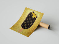 Patterned Louis Vuitton popsicle with a bite mark on gold glitter shown as a rolled print