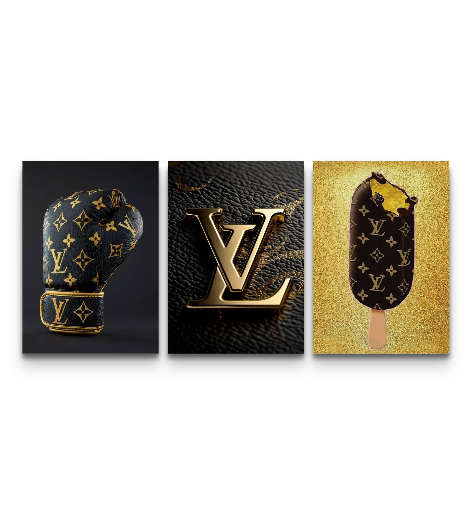 Trio of Louis Vuitton pop art prints featuring a boxing glove, gold LV logo and popsicle on white