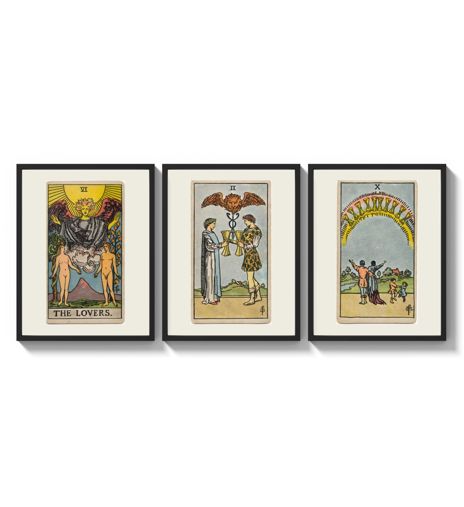 Three Rider-Waite tarot cards three-panel set arranged as a triptych on a bright gallery wall