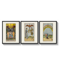 Three Rider-Waite tarot cards three-panel set arranged as a triptych on a bright gallery wall