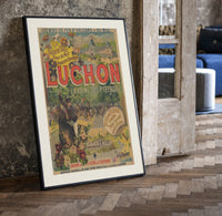 Man on horse at festival print in a black frame leaning beside a vintage door on parquet