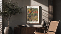Man on horse at festival poster framed above a fluted sideboard beside an olive tree