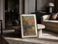 Man on horse at festival print in a black frame leaning on a travertine table in a sunlit lounge