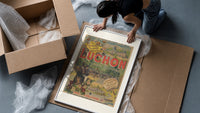 Man on horse at festival framed print being unpacked from protective bubble wrap and a box