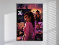 Woman in pink top fan art poster in a slim frame on a bright wall with soft window light