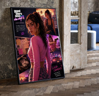 Woman in pink top fan art print in a black frame leaning beside a vintage door on parquet