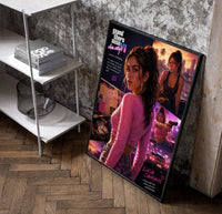 Woman in pink top fan art poster in a black frame leaning beside a shelf in a raw-plaster loft