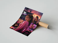Rolled Woman in pink top fan art poster beside its crush-resistant kraft shipping tube