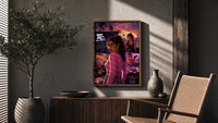 Woman in pink top fan art poster framed above a fluted sideboard beside an olive tree