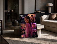 Woman in pink top fan art print in a black frame leaning on a travertine table in a sunlit lounge