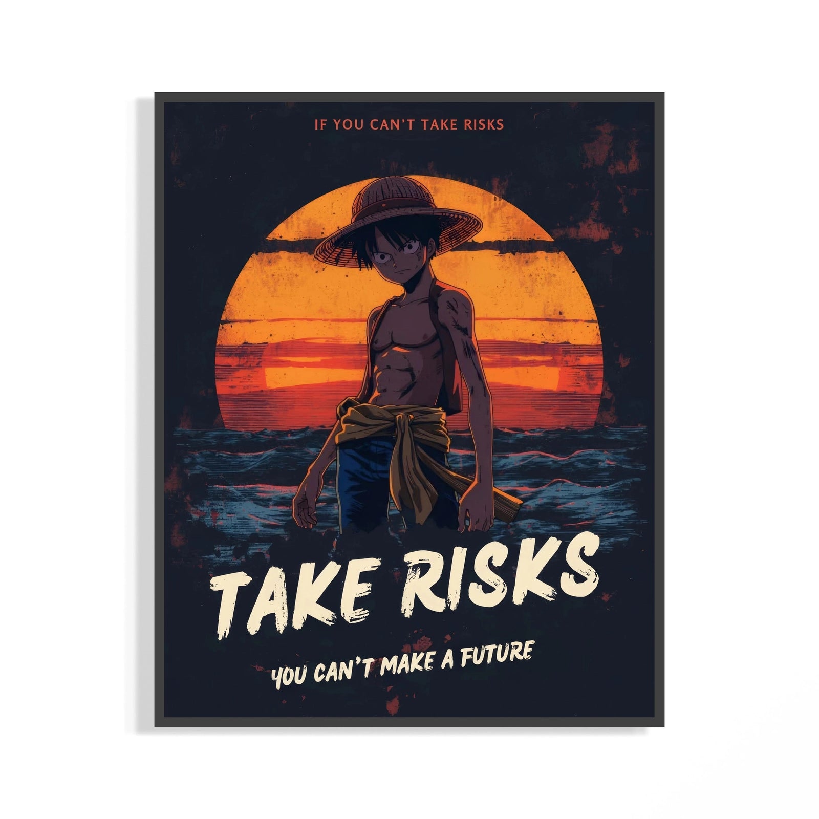 Luffy Take Risks Sunset One Piece poster in a black frame on a minimalist white wall
