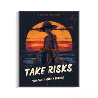 Luffy Take Risks Sunset One Piece poster in a black frame on a minimalist white wall