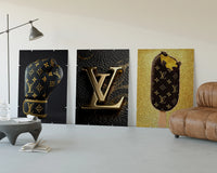 Louis Vuitton Pop Art Poster Set three-panel set displayed beside a brown leather sofa