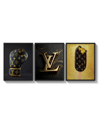 Louis Vuitton Pop Art Poster Set triptych arranged on a bright gallery wall