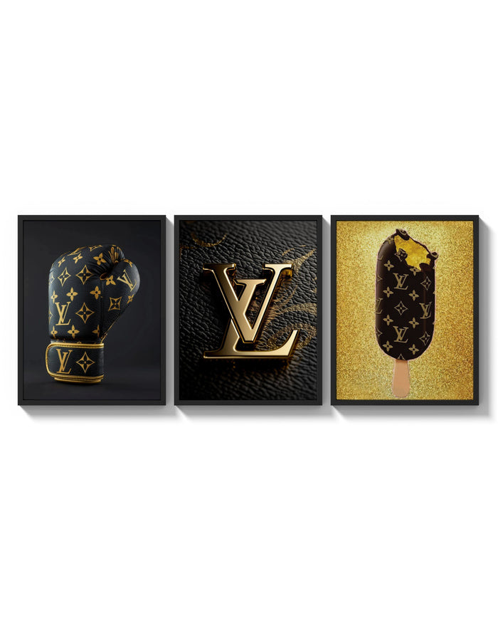 Louis Vuitton Pop Art Poster Set triptych arranged on a bright gallery wall